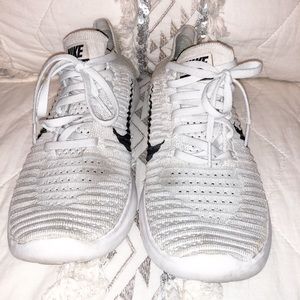 White Nike Flyknit Free Run Tennis Shoes